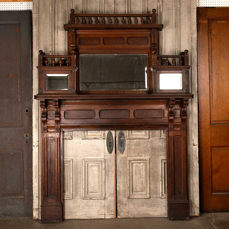 66x90 Antique Oak Fireplace Mantel w/ Mirror image 1