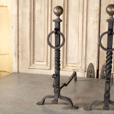 #42809 Antique Wrought Iron Fireplace Andirons image 2