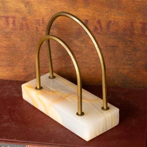 #48240 Vintage Alabaster & Brass Desk Mail Holder image 2