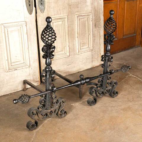 #48393 Antique Wrought Iron Fireplace Andiron Set image 8