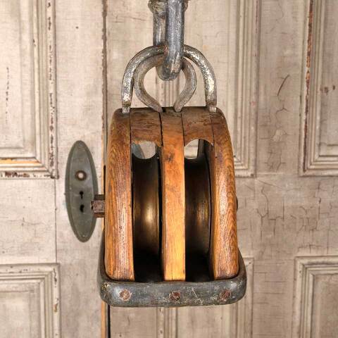 #54914 Large Antique Wood & Metal Pulley w/ Hook image 3