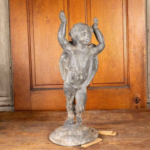27" Antique Cast Metal Cherub Garden Statue